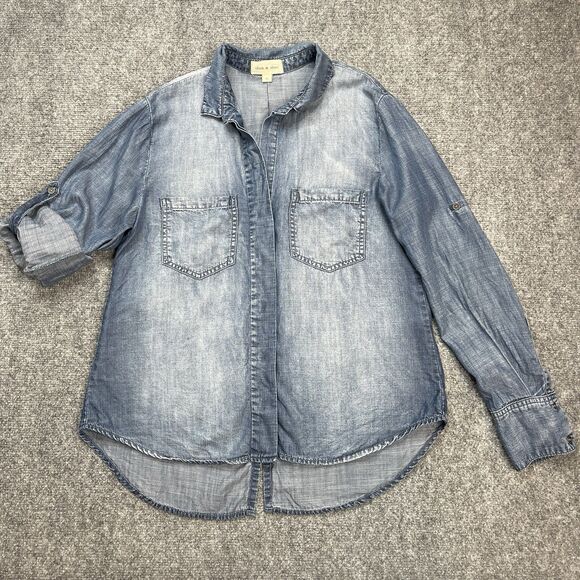 Anthropologie Cloth & Stone Top Size Medium Split Back Chambray Roll Tab Sleeve - Picture 1 of 9